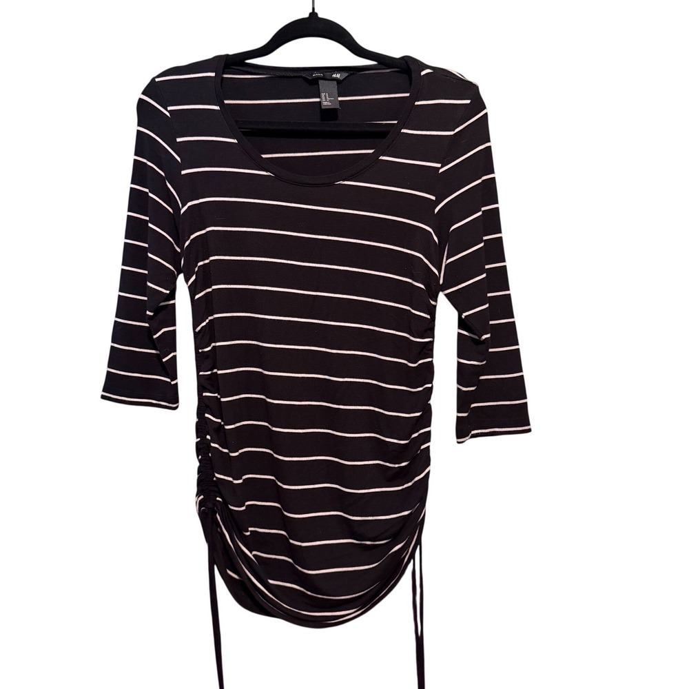 MAMA H&M Maternity Top Black White Striped Ruched Side‎ 3/4 Sleeve Size Medium